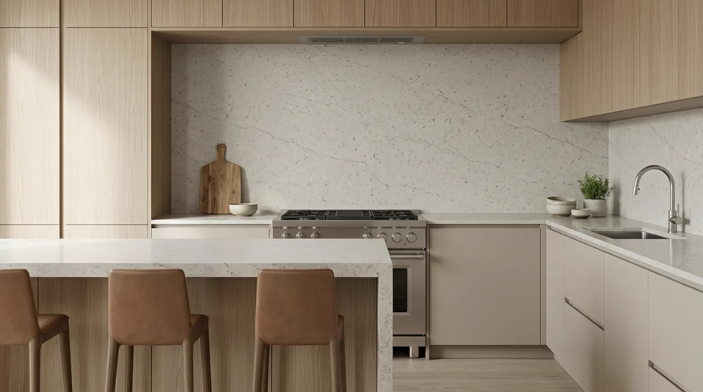 Vancouver Honed Quartzite full-height kitchen backsplash and matching countertop