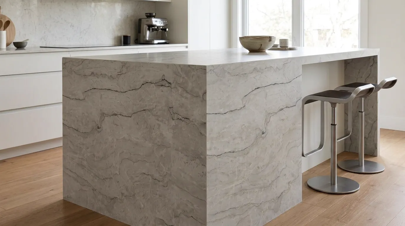 Vancouver Honed Quartzite waterfall-edge kitchen island with continuous veining