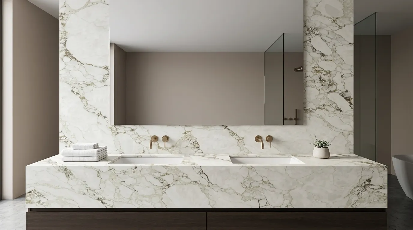 Vermont Leathered Legacy Quartz Stone double vanity countertop and backsplash in a modern bathroom