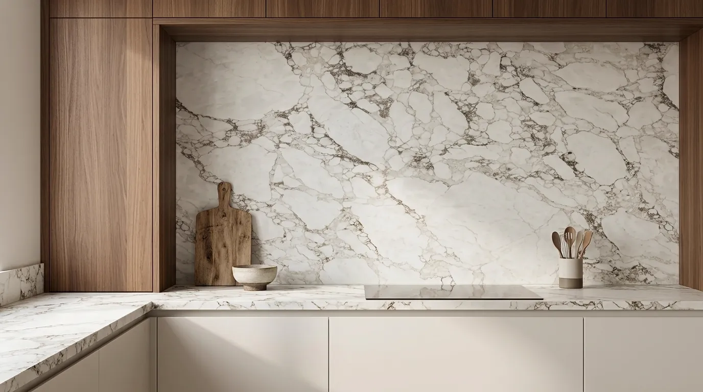 Vermont Leathered Legacy Quartz Stone full-height kitchen backsplash and matching countertop
