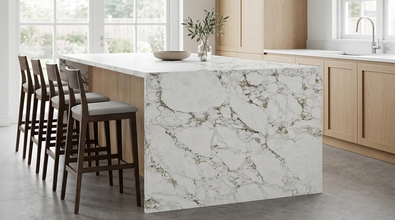 Vermont Leathered Legacy Quartz Stone waterfall-edge kitchen island with continuous veining