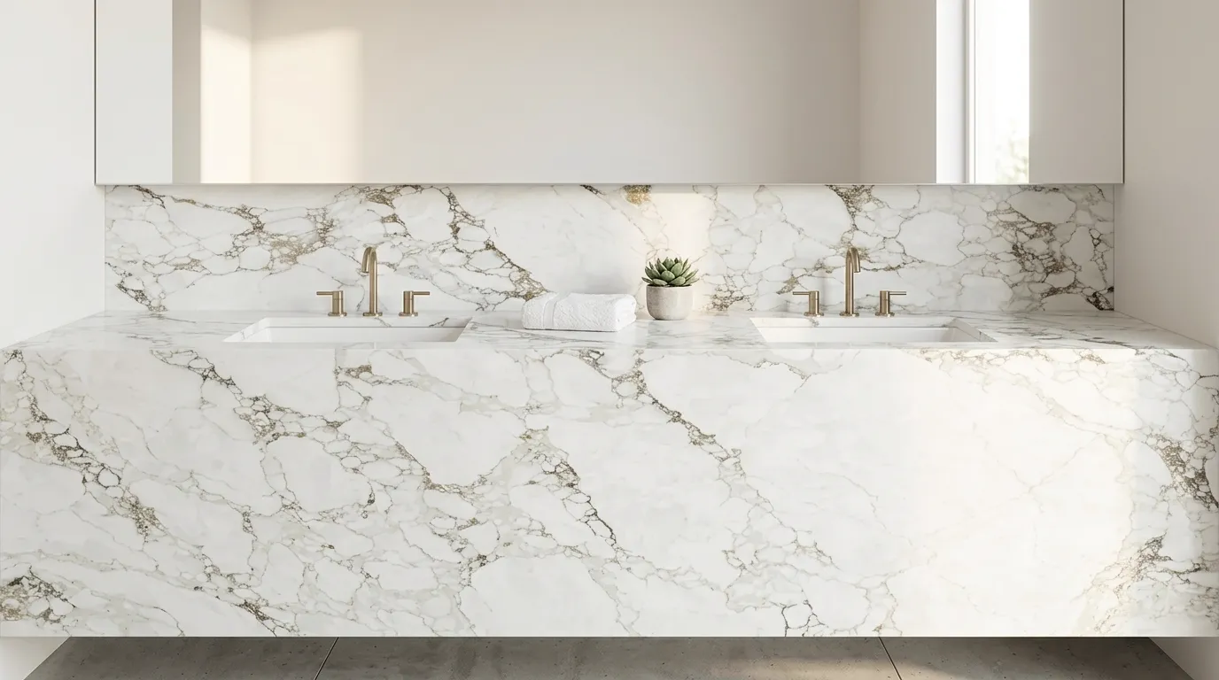 Vermont Polished Legacy Quartz Stone double vanity countertop and backsplash in a modern bathroom