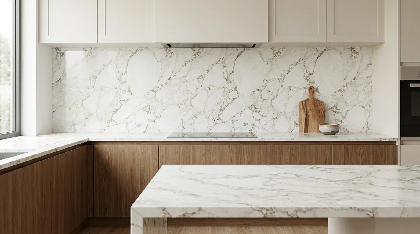 Vermont Polished Legacy Quartz Stone full-height kitchen backsplash and matching countertop