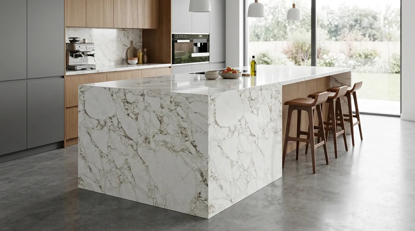 Vermont Polished Legacy Quartz Stone waterfall-edge kitchen island with continuous veining