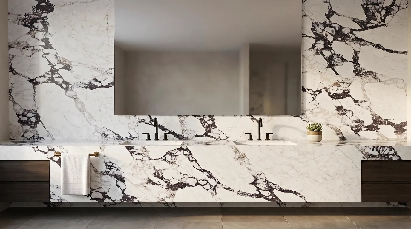Violet Polished Quartz double vanity countertop and backsplash in a modern bathroom