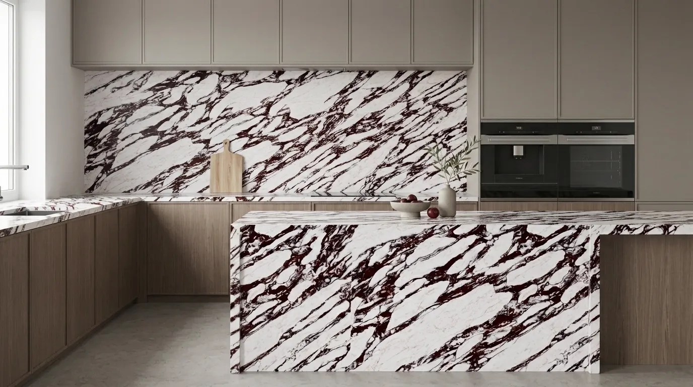 Violet Polished Quartz full-height kitchen backsplash and matching countertop