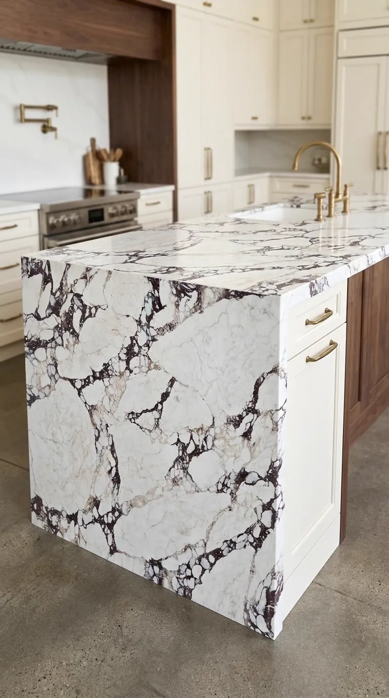 Violet Polished quartz slab — Fabricated as a kitchen island with a waterfall end | StoneX USA, West Allis WI