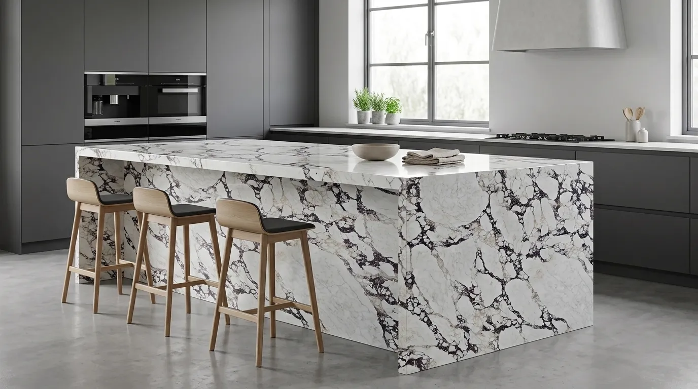Violet Polished Quartz waterfall-edge kitchen island with continuous veining