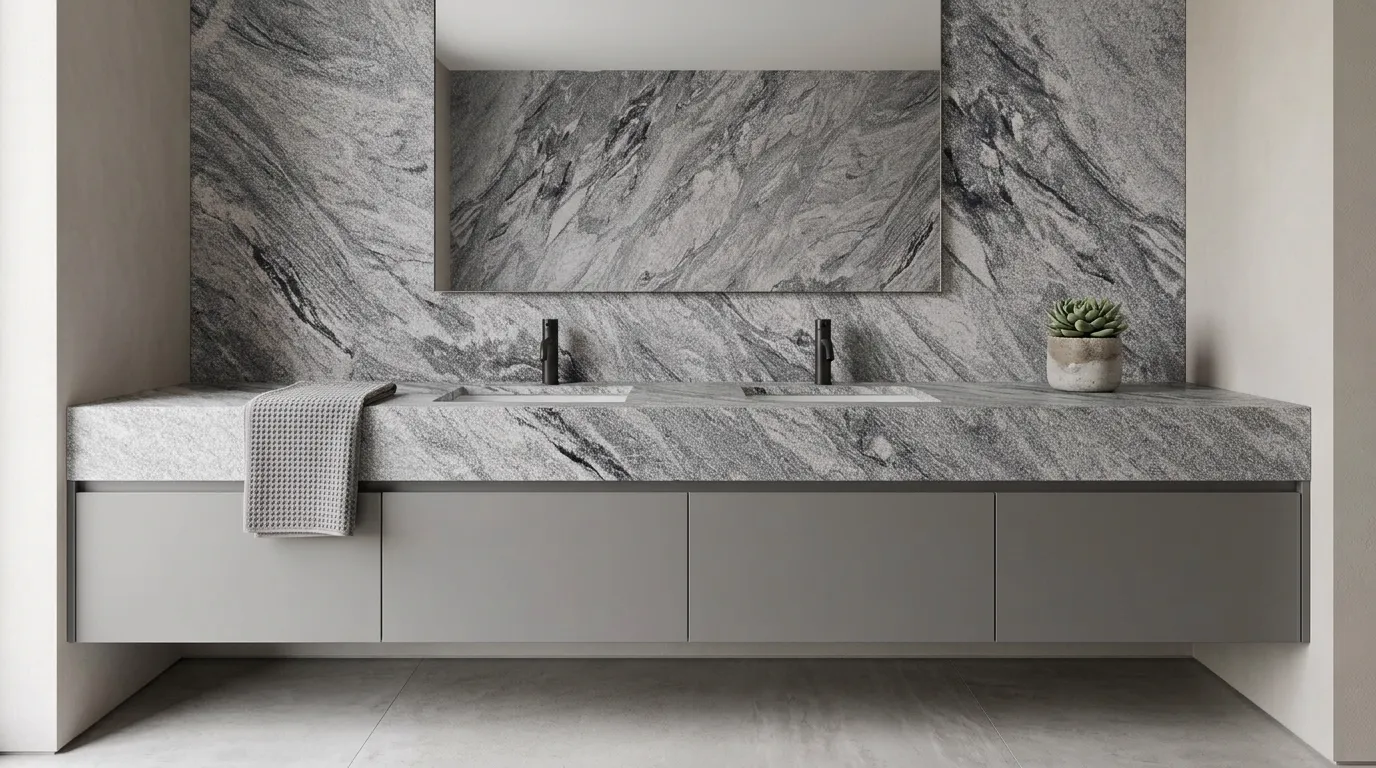 Viscon White Leathered Granite double vanity countertop and backsplash in a modern bathroom