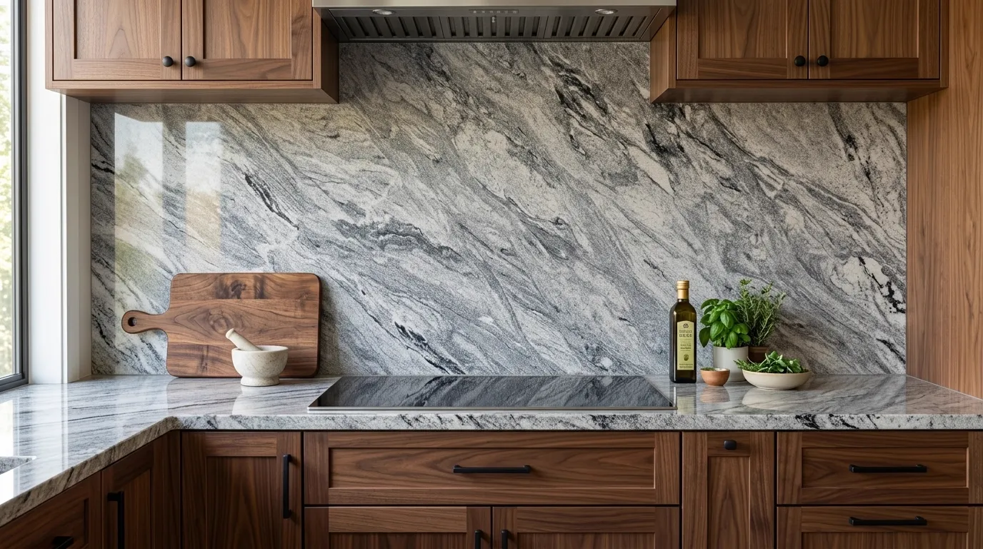 Viscon White Leathered Granite full-height kitchen backsplash and matching countertop