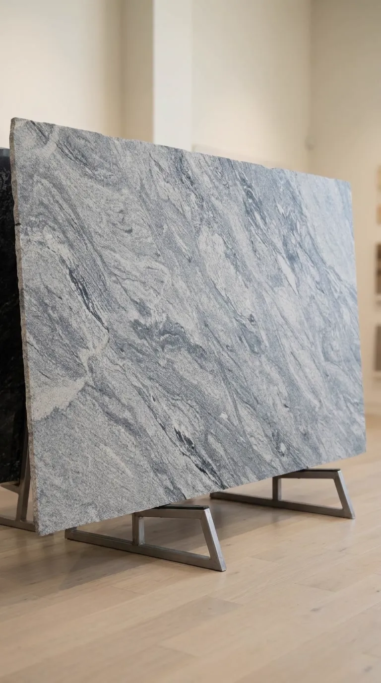 Viscon White Leathered granite slab — The full slab as it stands in our West Allis gallery | StoneX USA, West Allis WI