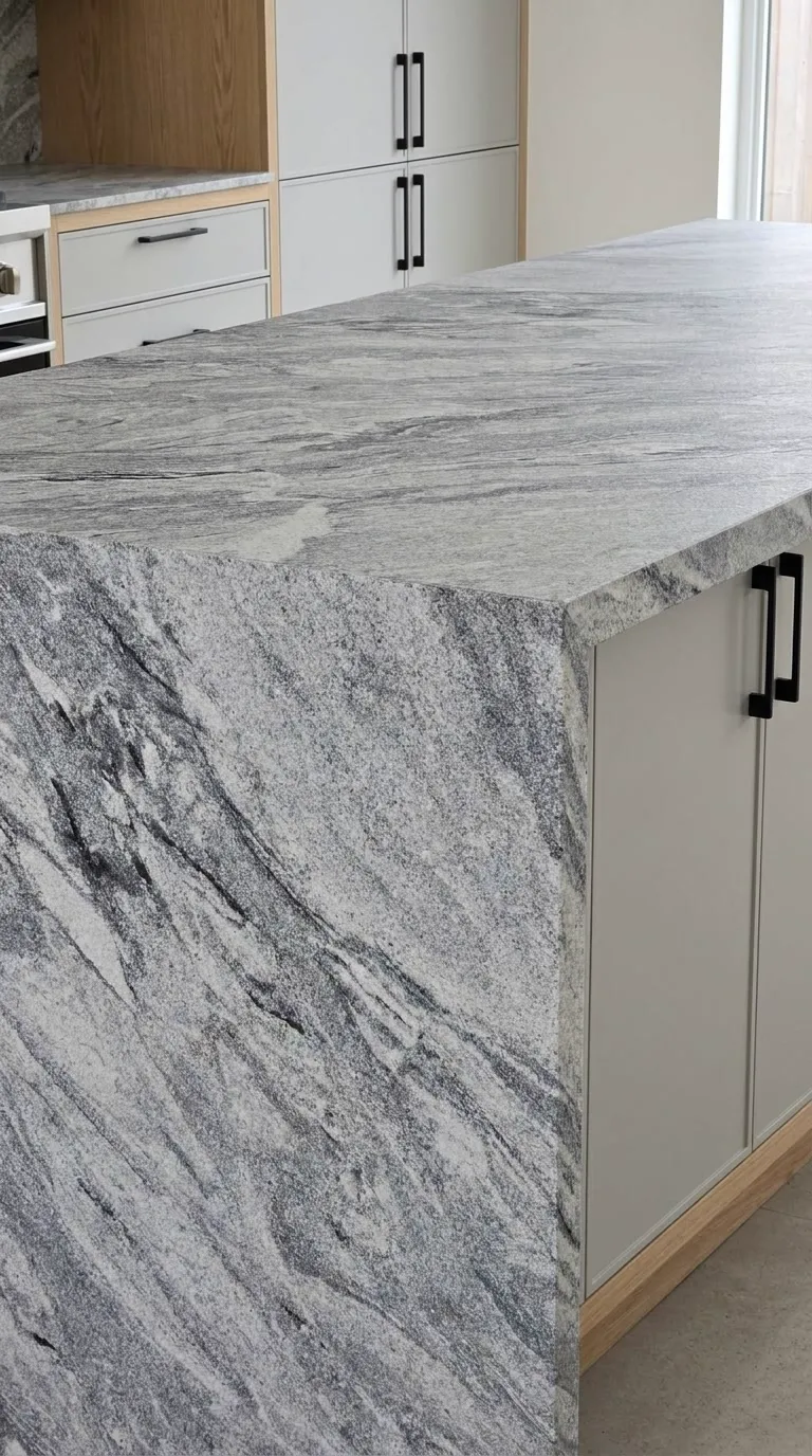 Viscon White Leathered granite slab — Fabricated as a kitchen island with a waterfall end | StoneX USA, West Allis WI