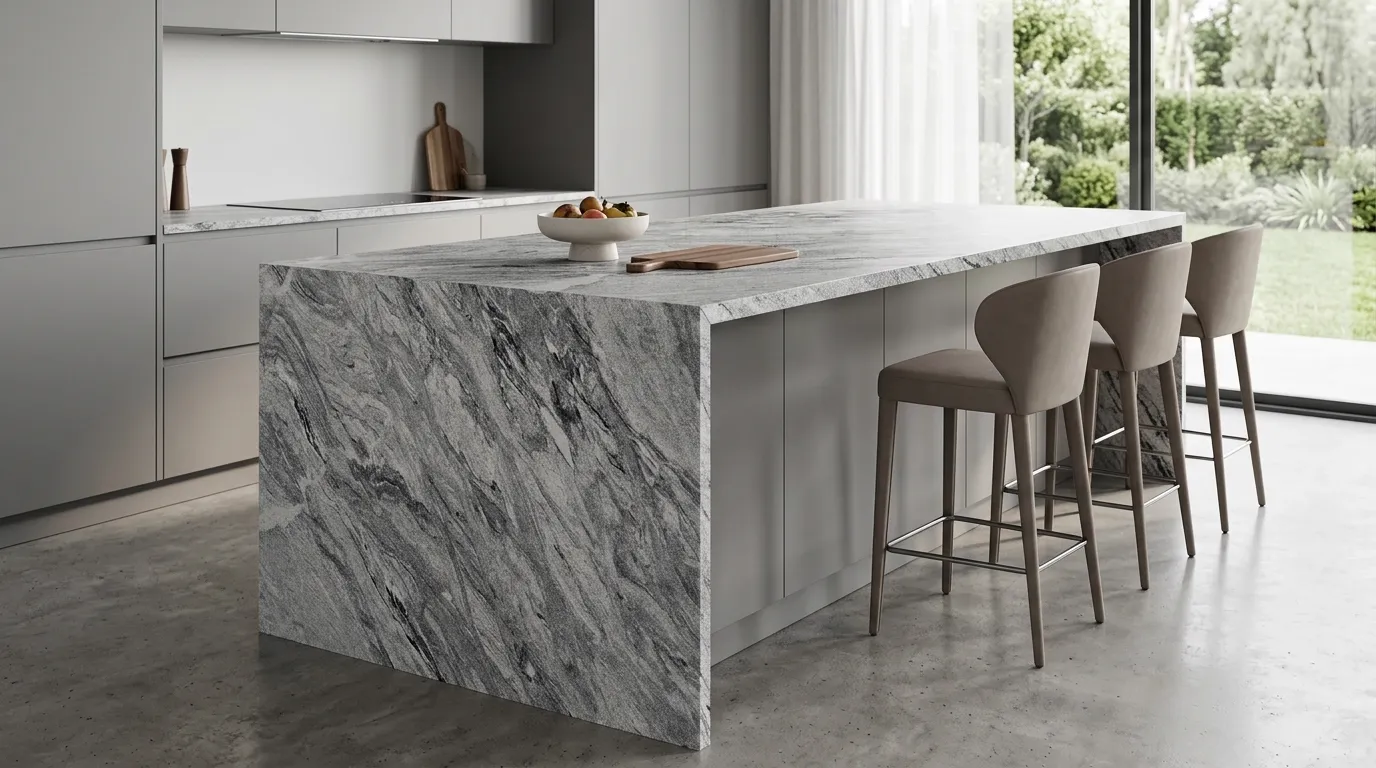 Viscon White Leathered Granite waterfall-edge kitchen island with continuous veining