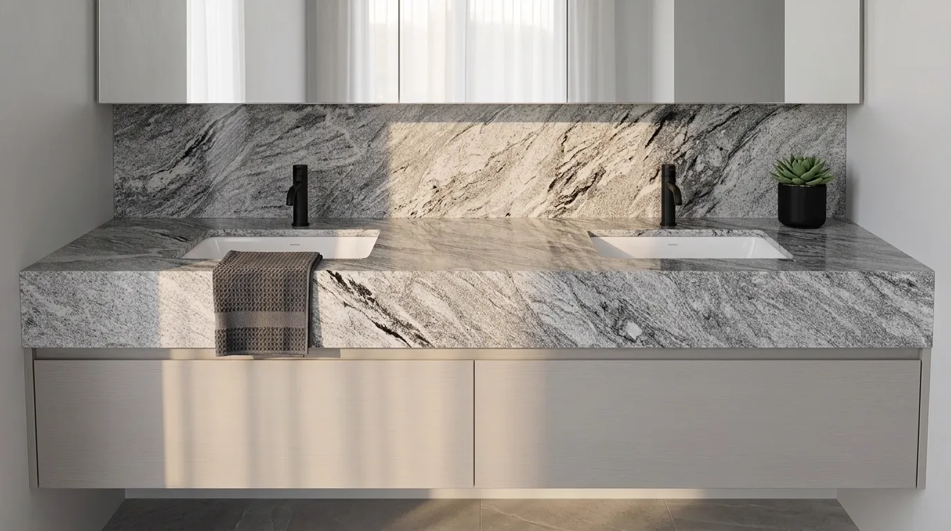 Viscon White Polished Granite double vanity countertop and backsplash in a modern bathroom
