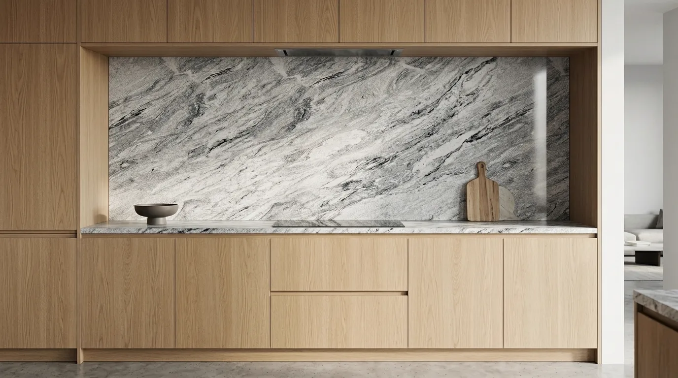 Viscon White Polished Granite full-height kitchen backsplash and matching countertop