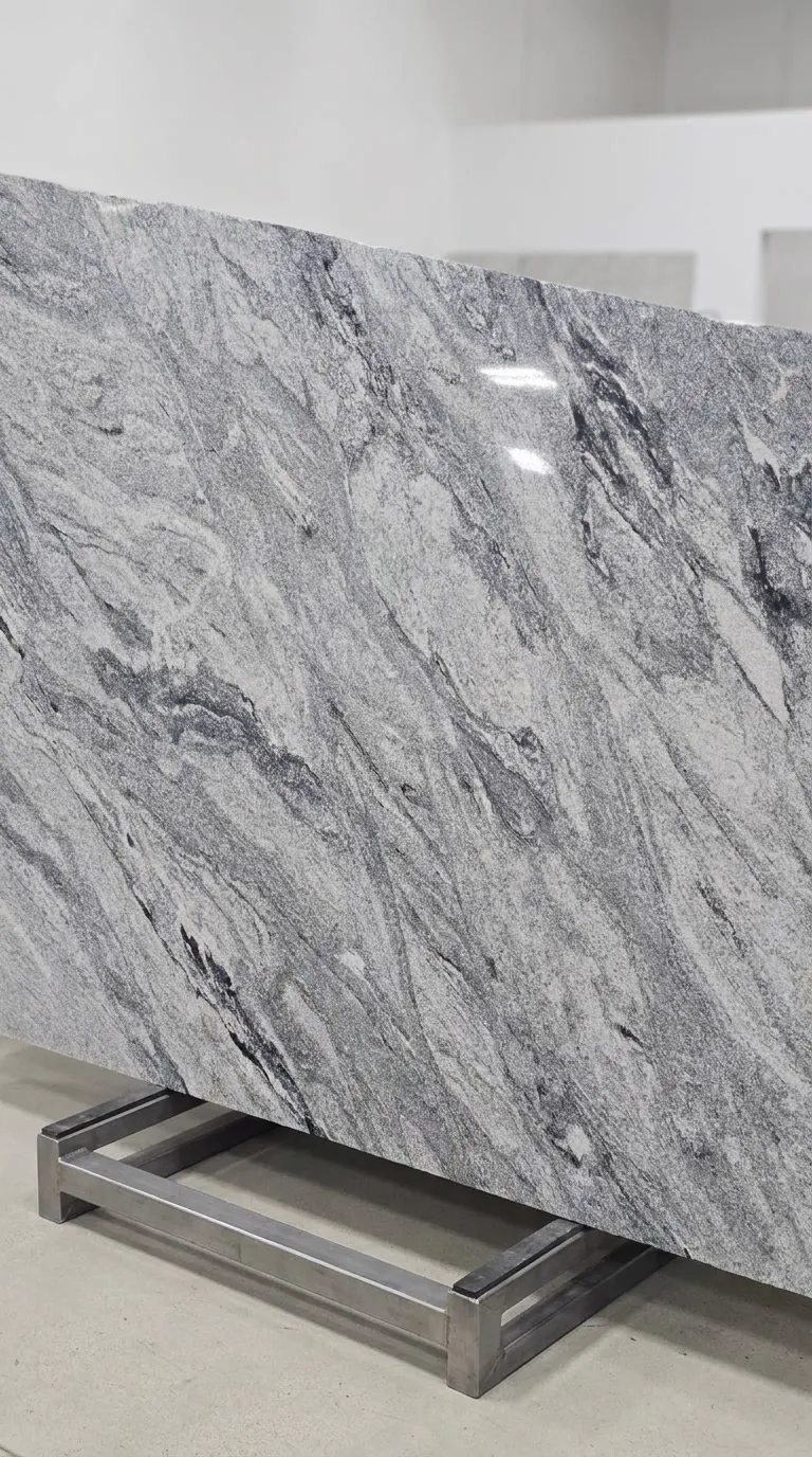 Viscon White Polished granite slab — The full slab as it stands in our West Allis gallery | StoneX USA, West Allis WI