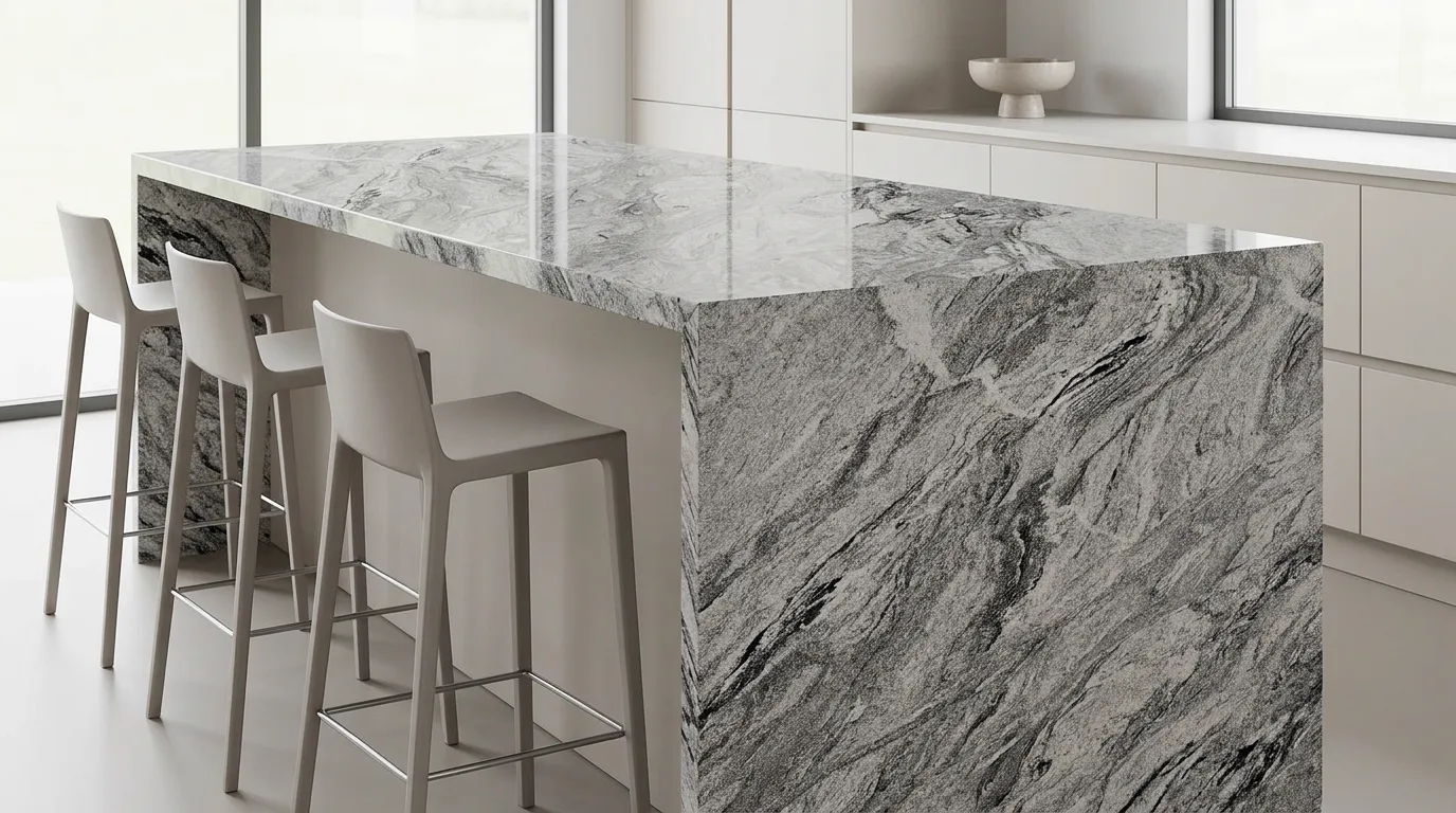 Viscon White Polished Granite waterfall-edge kitchen island with continuous veining