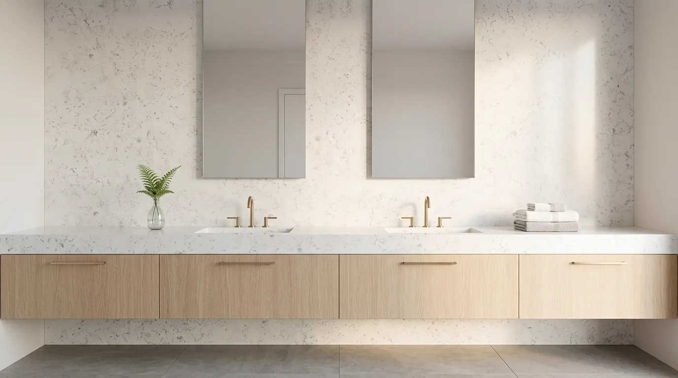 White Carrara double vanity countertop and backsplash in a modern bathroom