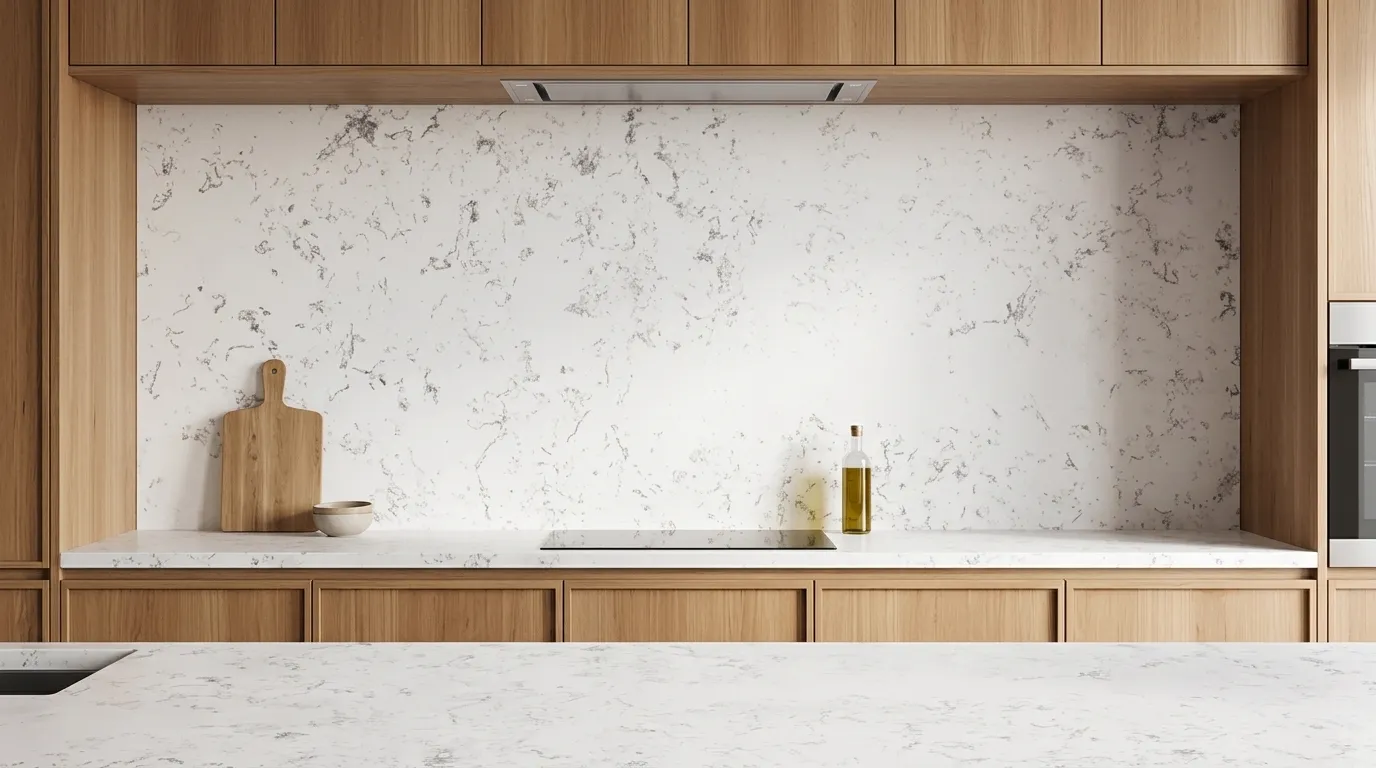 White Carrara full-height kitchen backsplash and matching countertop