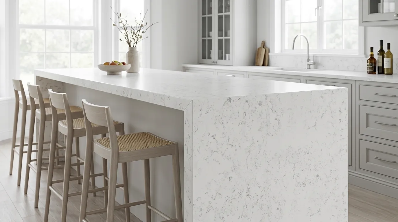 White Carrara waterfall-edge kitchen island with continuous veining