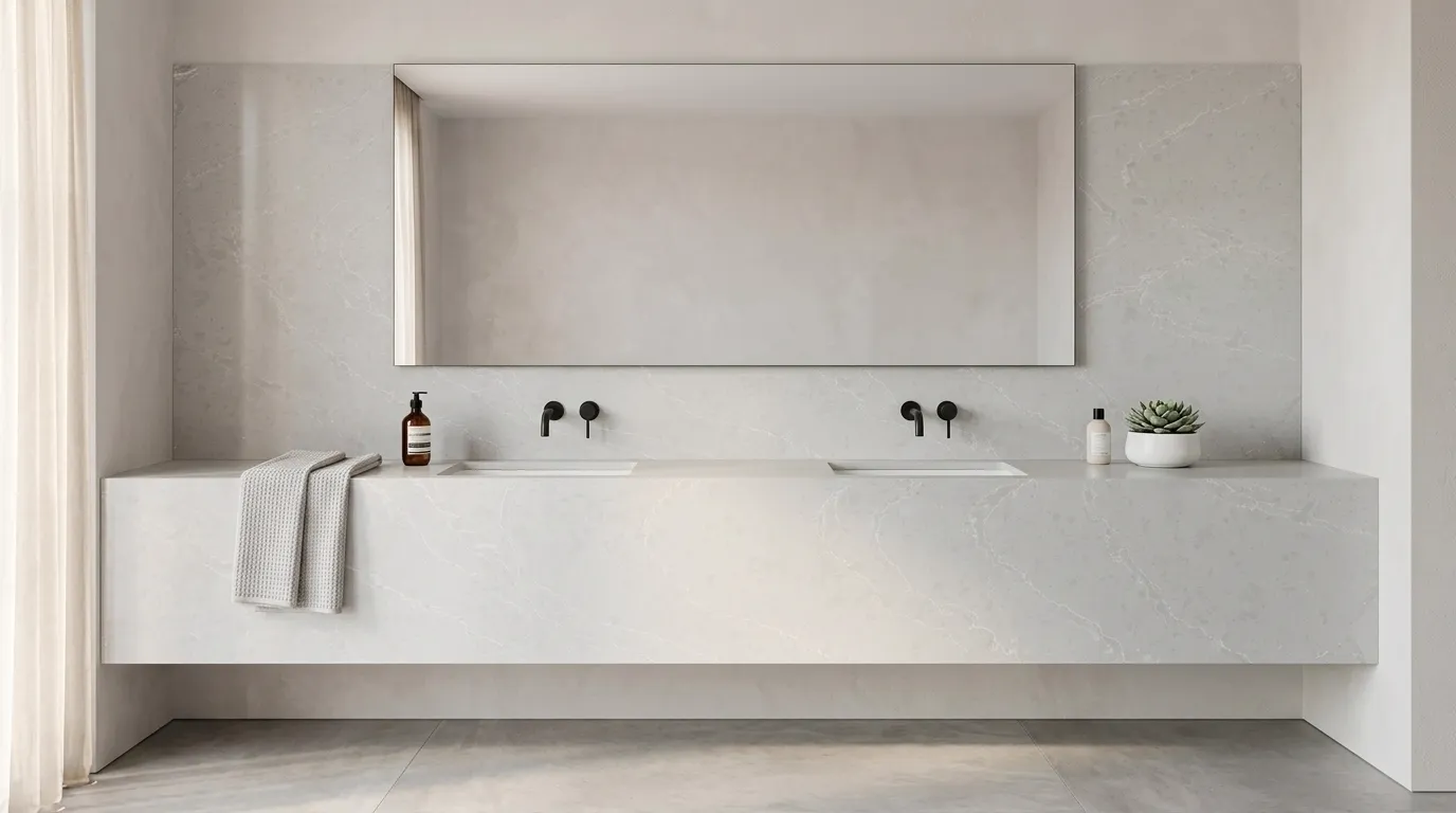 White Ice double vanity countertop and backsplash in a modern bathroom
