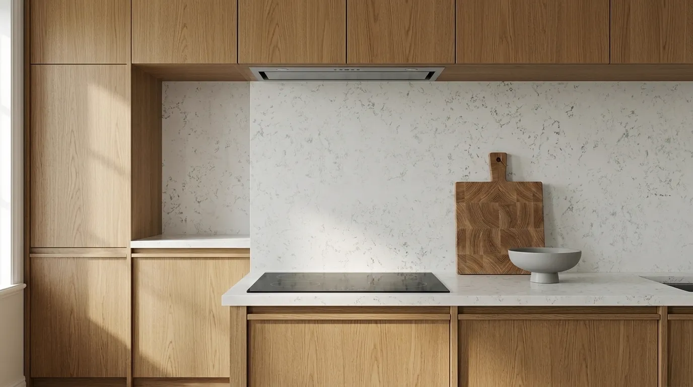 White Ice full-height kitchen backsplash and matching countertop