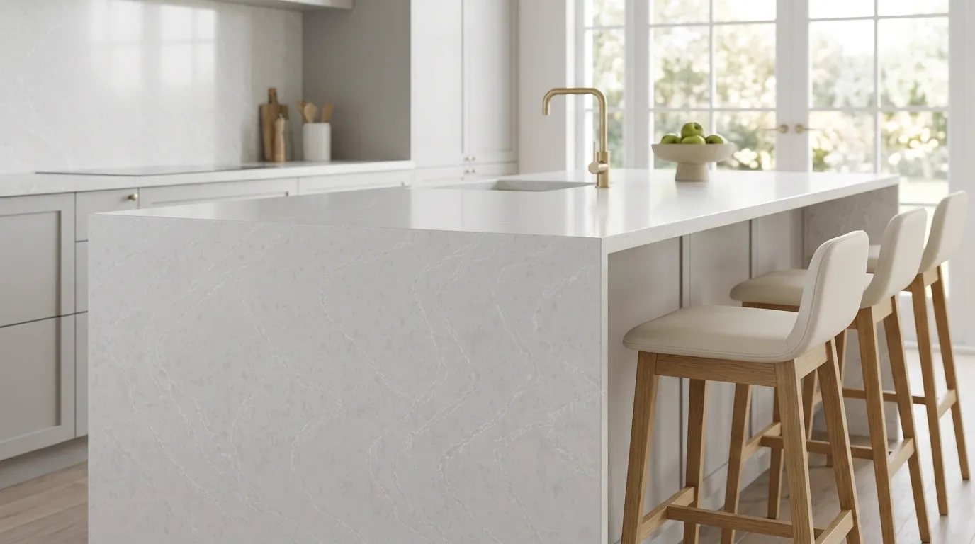 White Ice waterfall-edge kitchen island with continuous veining
