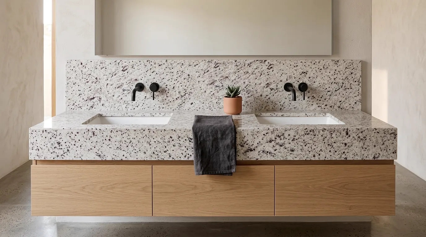 White Rose double vanity countertop and backsplash in a modern bathroom