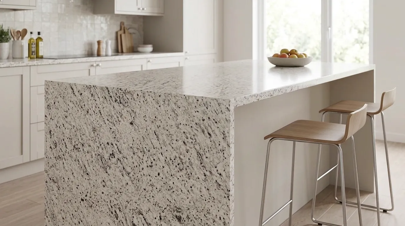 White Rose waterfall-edge kitchen island with continuous veining