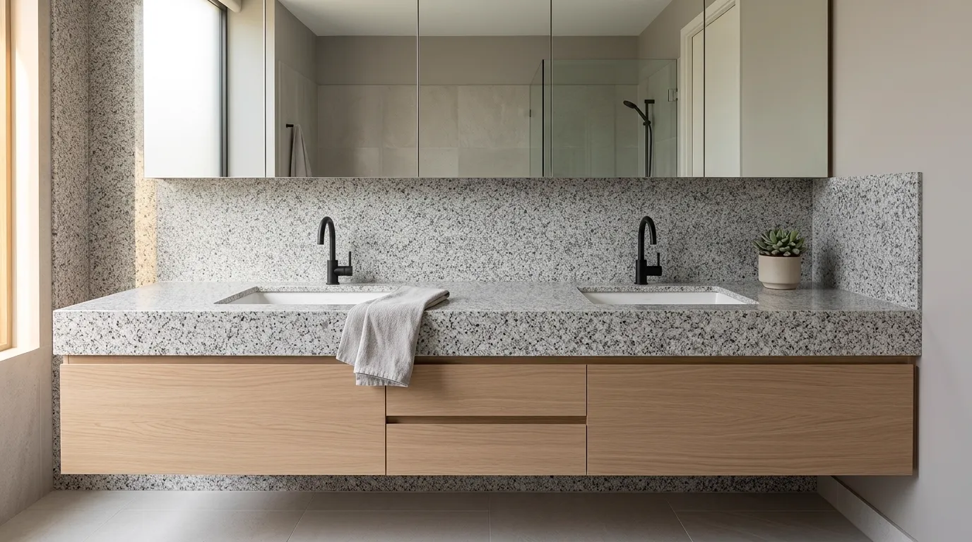 White Sparkle granite double vanity countertop and backsplash in a modern bathroom