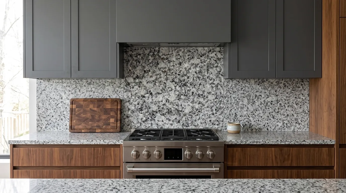 White Sparkle granite full-height kitchen backsplash and matching countertop