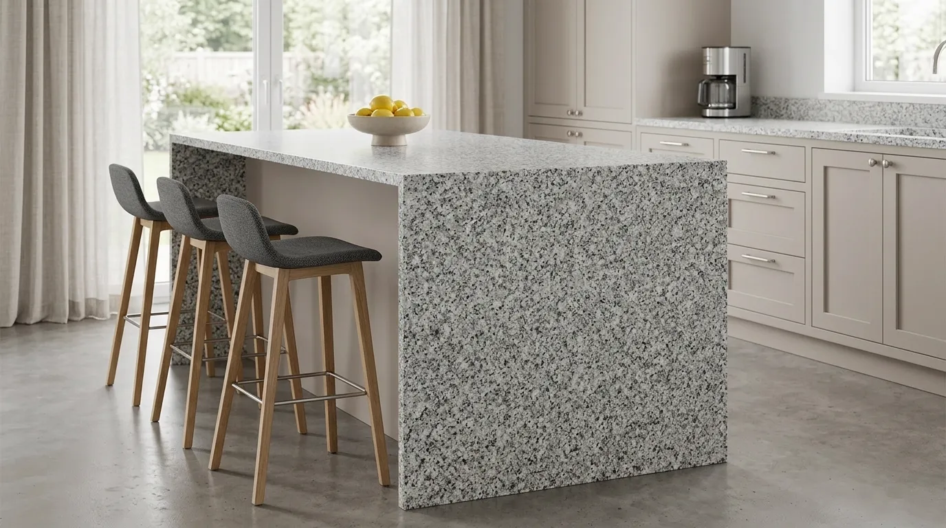 White Sparkle granite waterfall-edge kitchen island with continuous veining