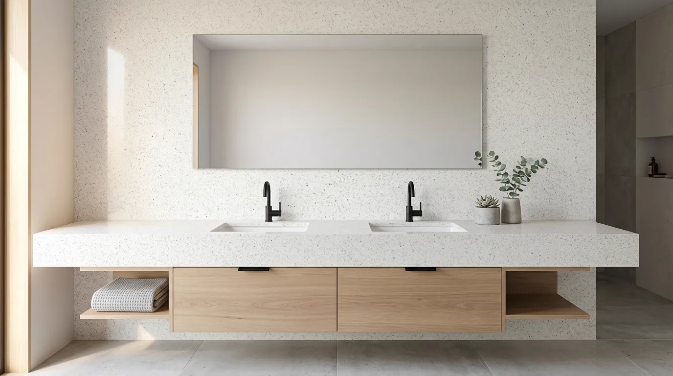 White Sparkle quartz double vanity countertop and backsplash in a modern bathroom