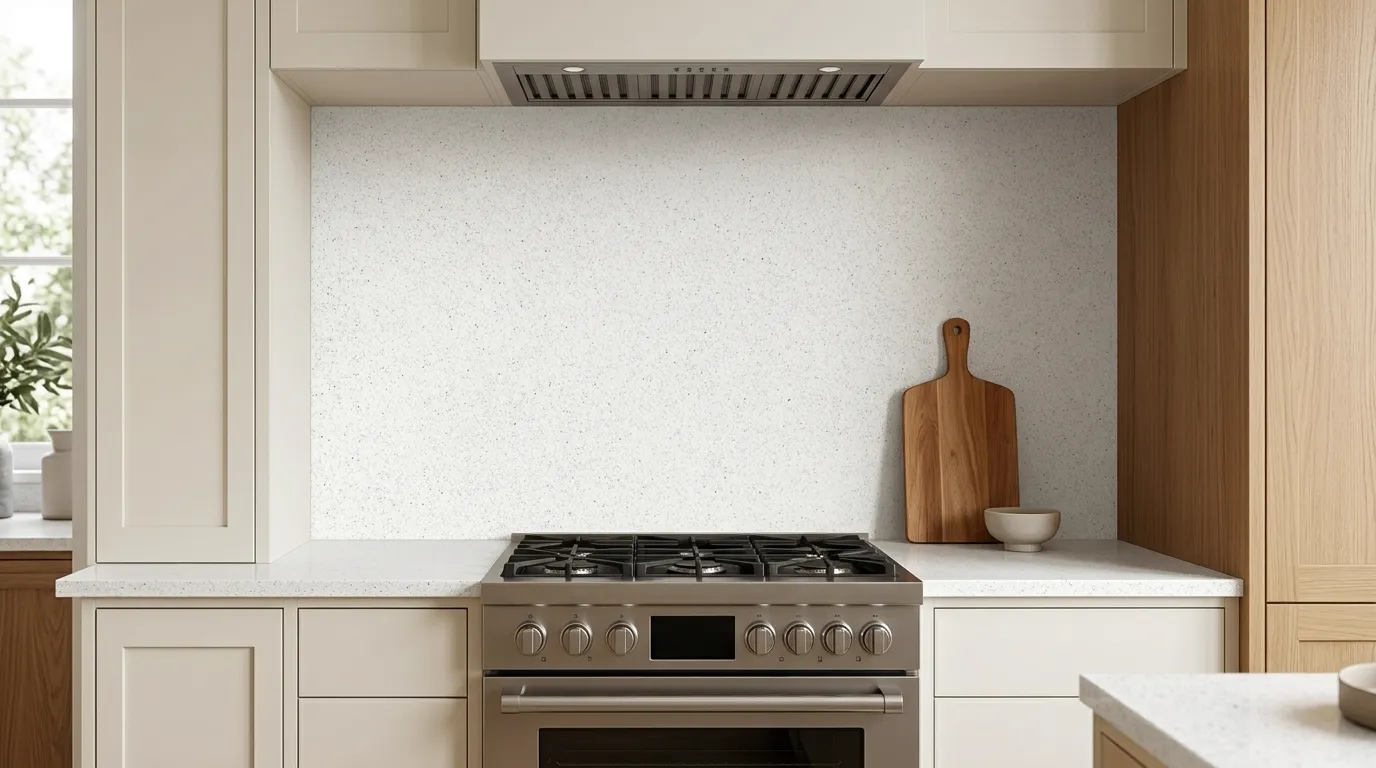 White Sparkle quartz full-height kitchen backsplash and matching countertop