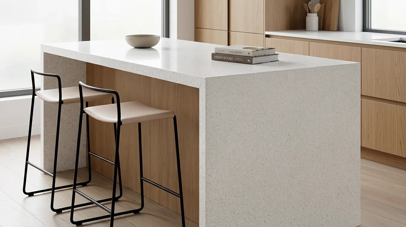 White Sparkle quartz waterfall-edge kitchen island with continuous veining