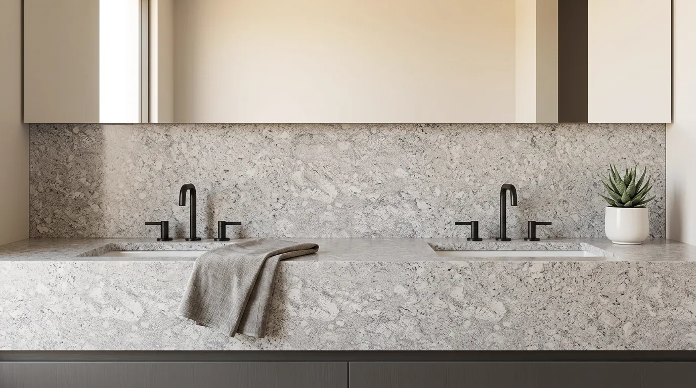 White Taupe double vanity countertop and backsplash in a modern bathroom