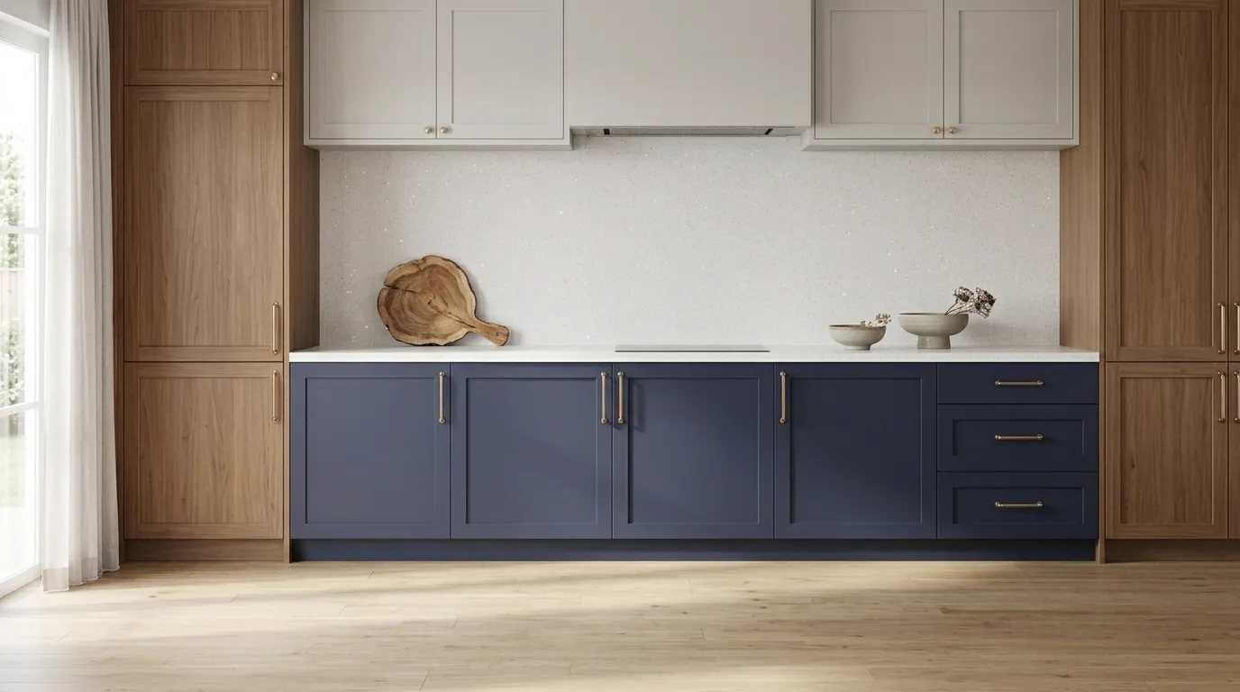 White Taupe full-height kitchen backsplash and matching countertop