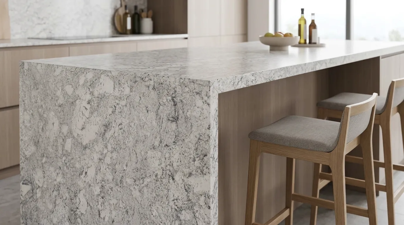 White Taupe waterfall-edge kitchen island with continuous veining