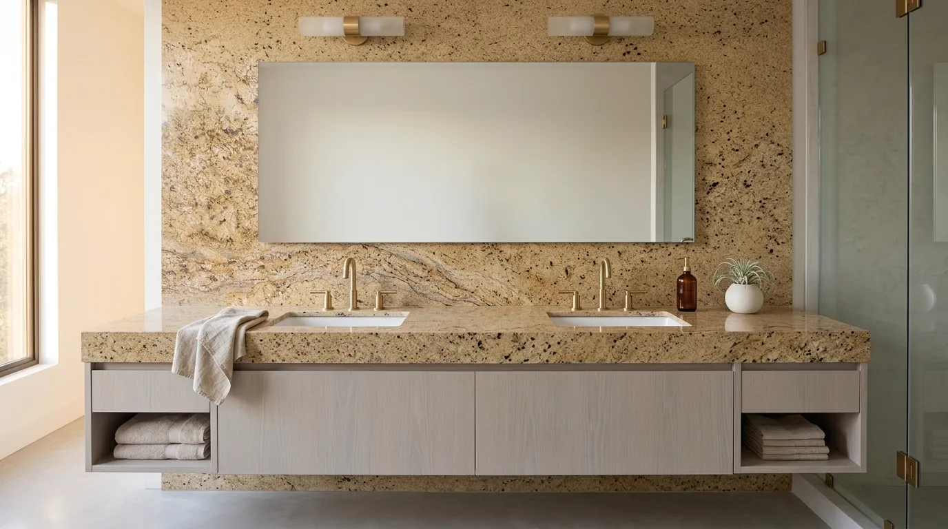 Yellow River double vanity countertop and backsplash in a modern bathroom
