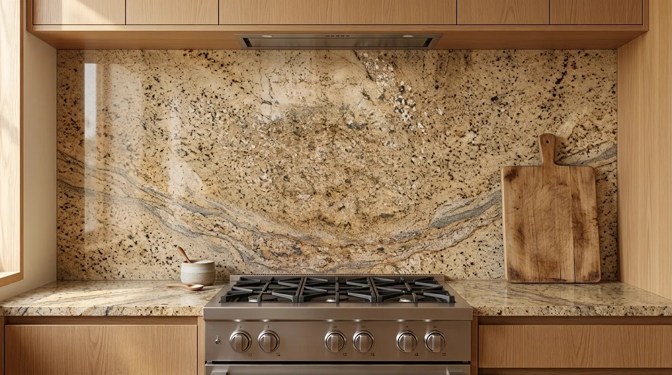 Yellow River full-height kitchen backsplash and matching countertop