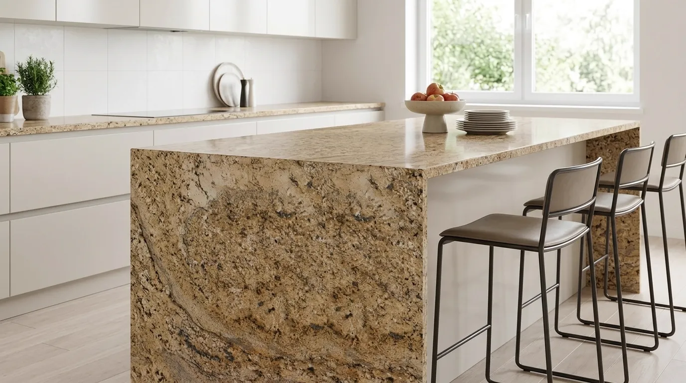 Yellow River waterfall-edge kitchen island with continuous veining