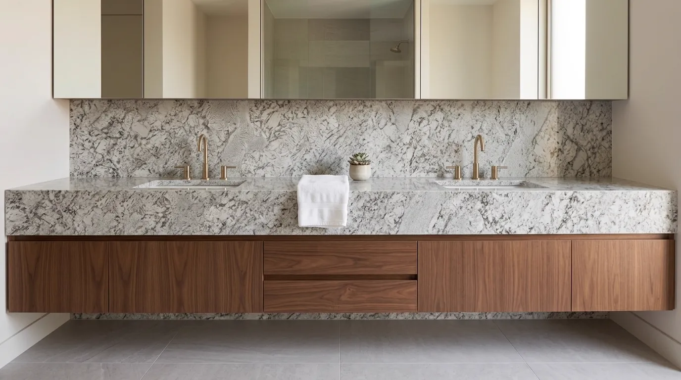 Zurich Polished Granite double vanity countertop and backsplash in a modern bathroom