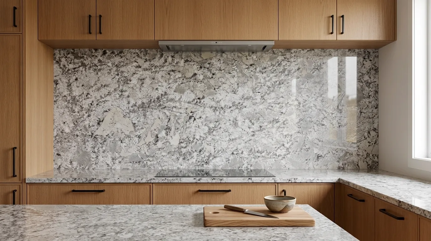 Zurich Polished Granite full-height kitchen backsplash and matching countertop