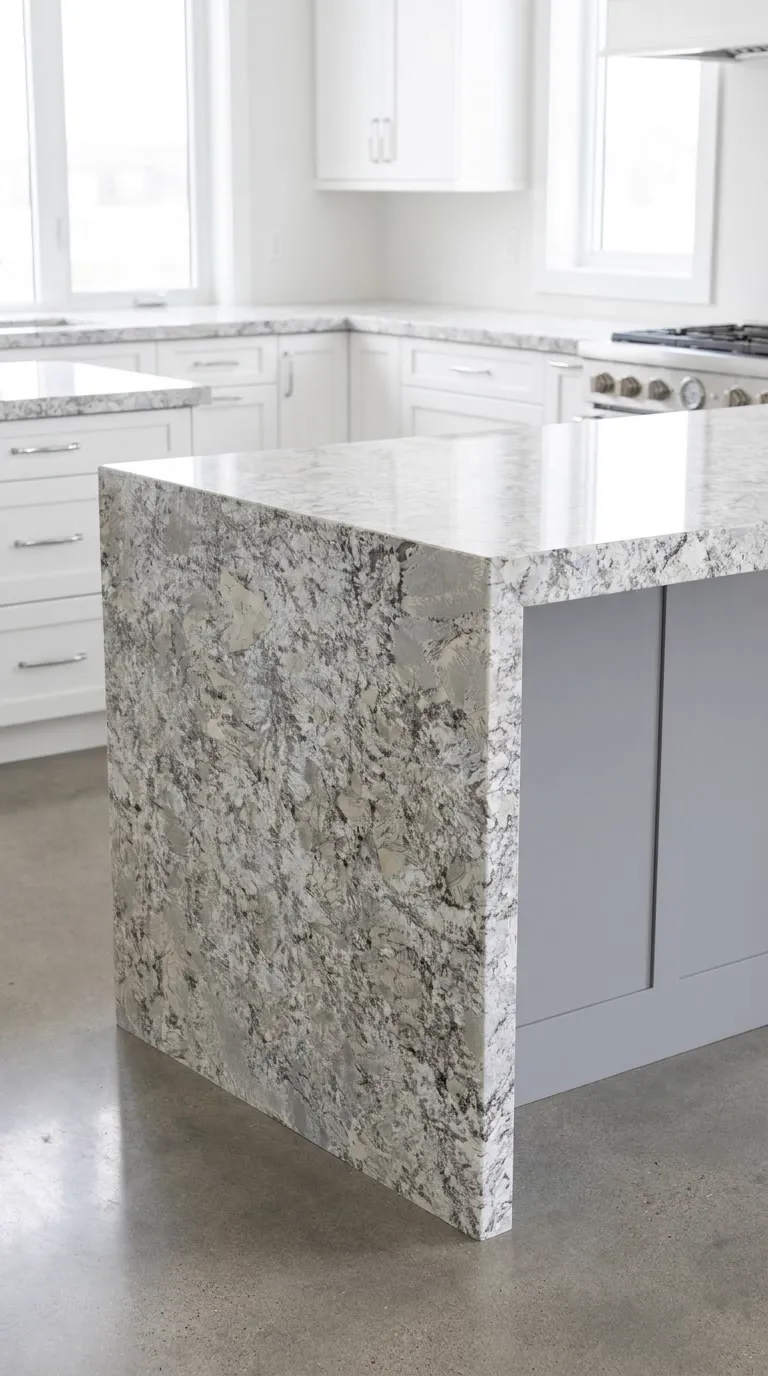 Zurich Polished granite slab — Fabricated as a kitchen island with a waterfall end | StoneX USA, West Allis WI