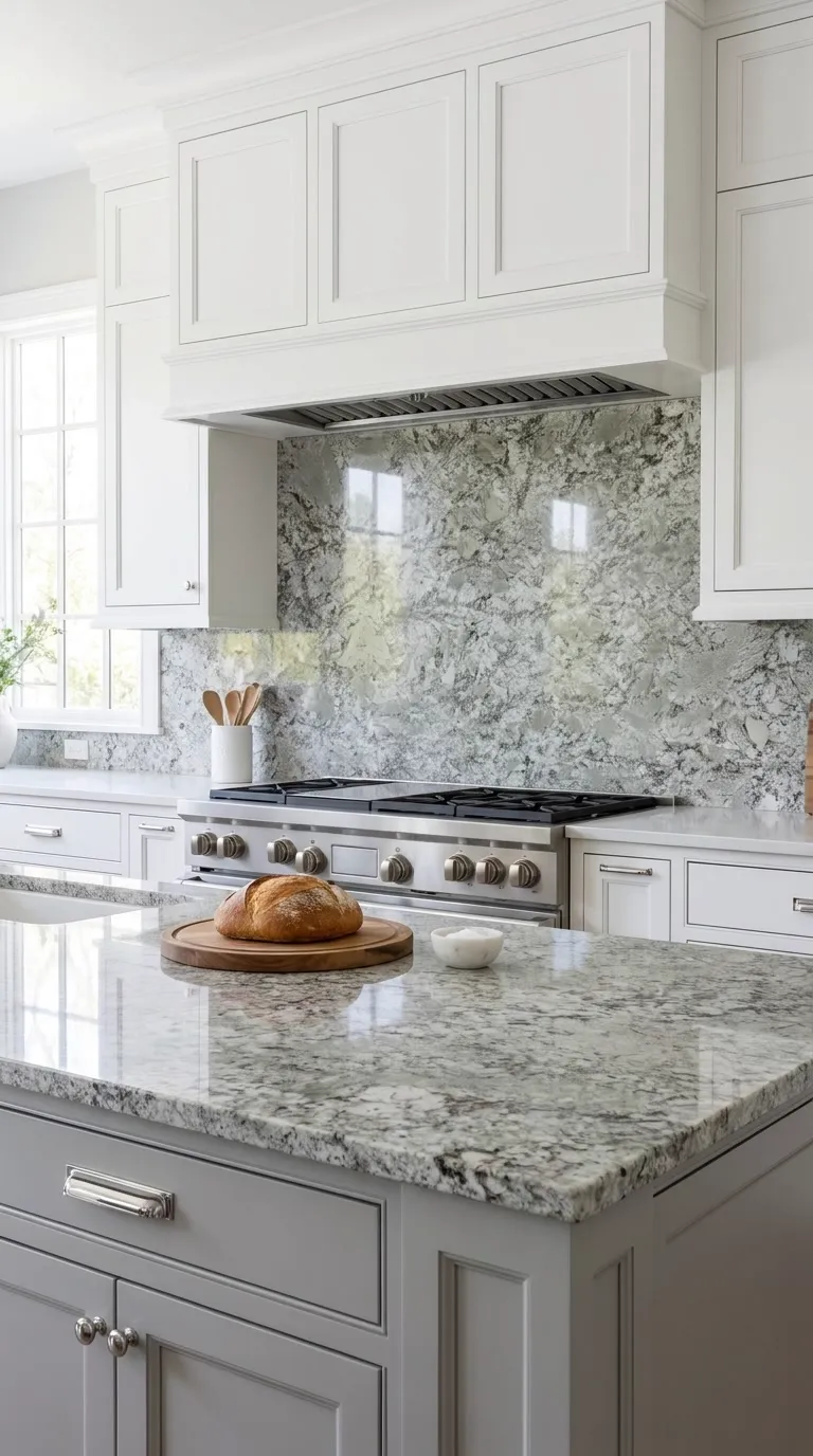 Zurich Polished granite slab — As a full-height backsplash in a finished kitchen | StoneX USA, West Allis WI