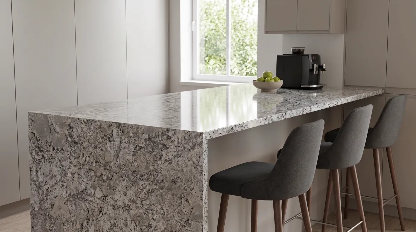 Zurich Polished Granite waterfall-edge kitchen island with continuous veining