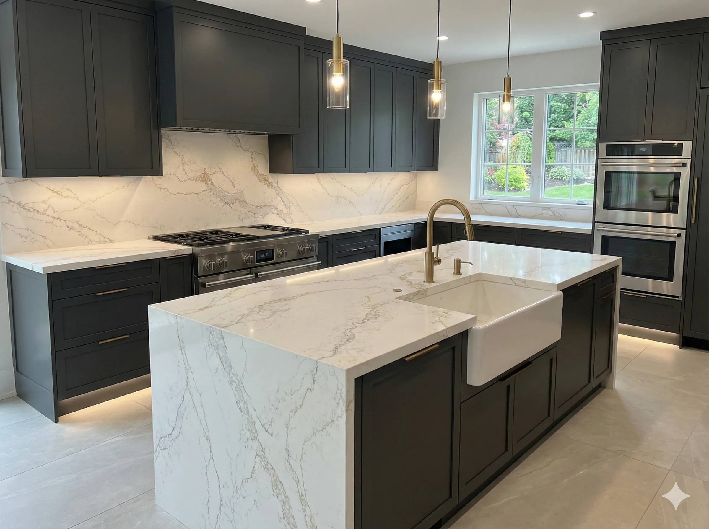 Fountain Gold Quartz Stone engineered quartz slab, veining detail, StoneX USA slab gallery near Milwaukee