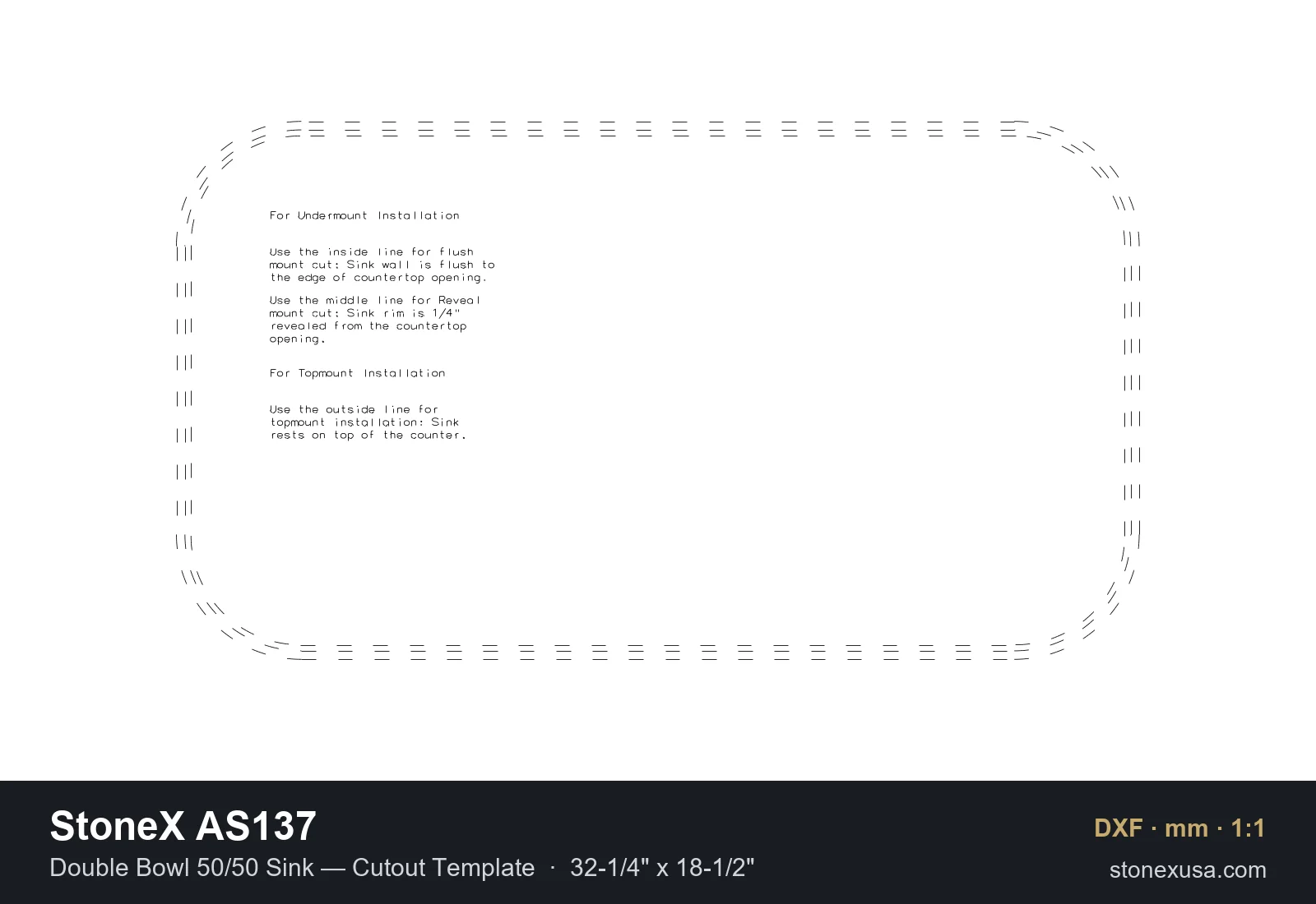 DXF drawing of the StoneX AS137 Double Bowl 50/50 Sink — Cutout Template, 32-1/4" x 18-1/2"