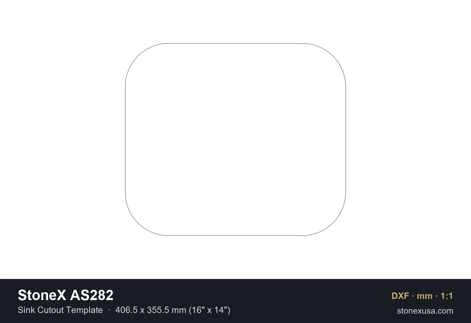 DXF drawing of the StoneX AS282 Sink Cutout Template, 406.5 x 355.5 mm (16" x 14")