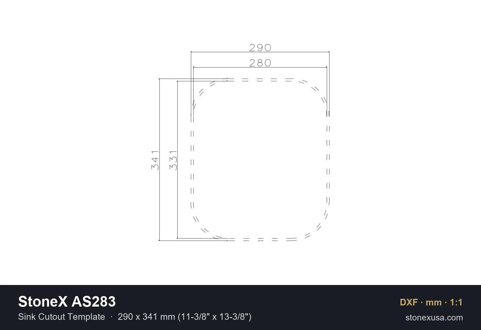 DXF drawing of the StoneX AS283 Sink Cutout Template, 290 x 341 mm (11-3/8" x 13-3/8")